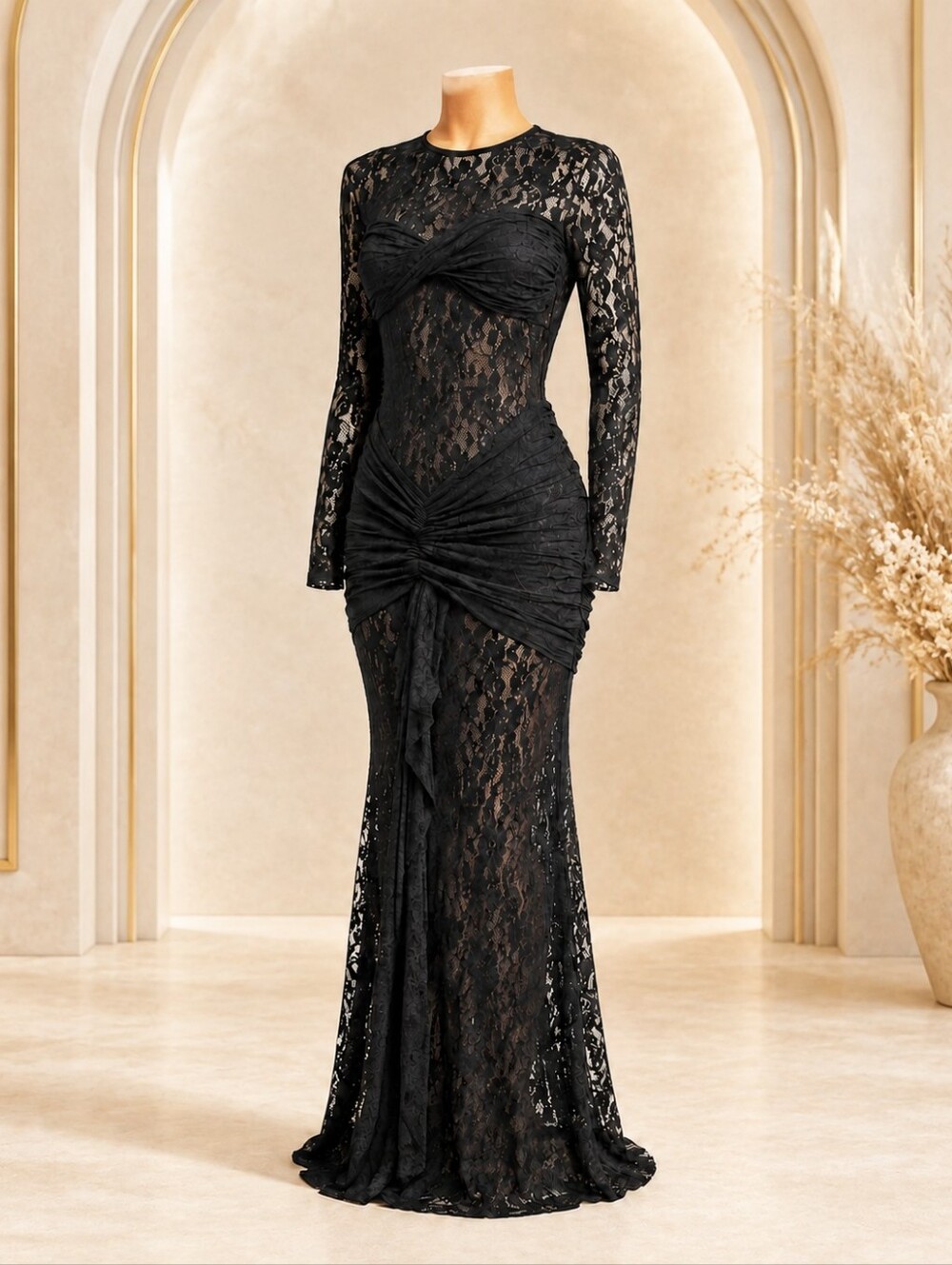 Black Sheer Lace Long Sleeve Evening Dress Size L